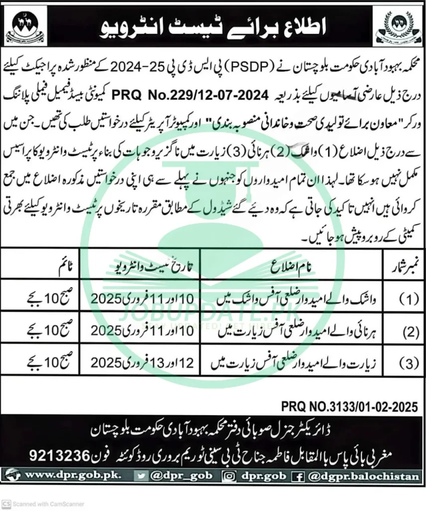 Population Welfare Department Balochistan Jobs 2025