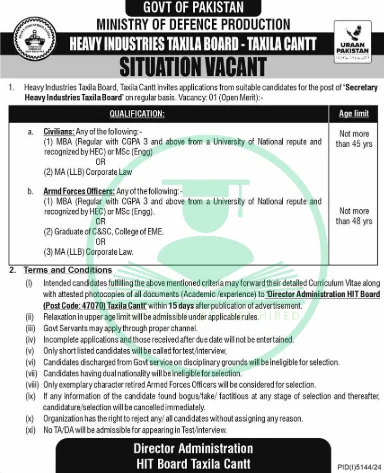HMC Taxila Jobs