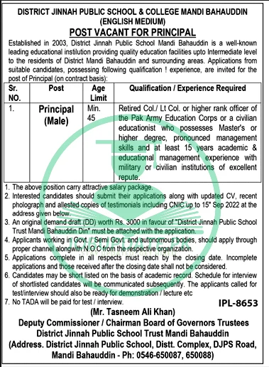 District Jinnah Public School Jobs