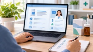 Person reviewing medicine information online with a responsible health checklist